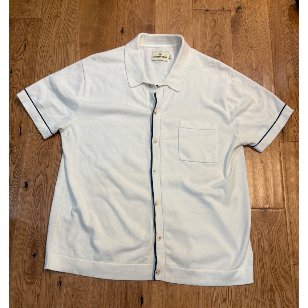 The Normal Brand XL Cream Knit Button Down Short Sleeve Polo Shirt Navy Trim